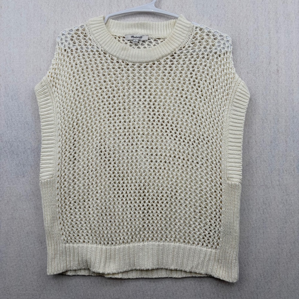 Madewell Women Small Ivory White Cotton Open Crochet Mesh Knit Sweater Vest Top